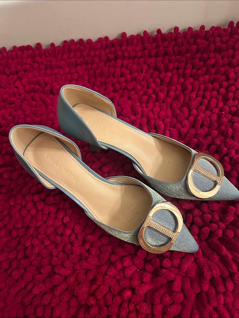Metallic Blue Pointed Toe Kitten Heels with Gold Accent